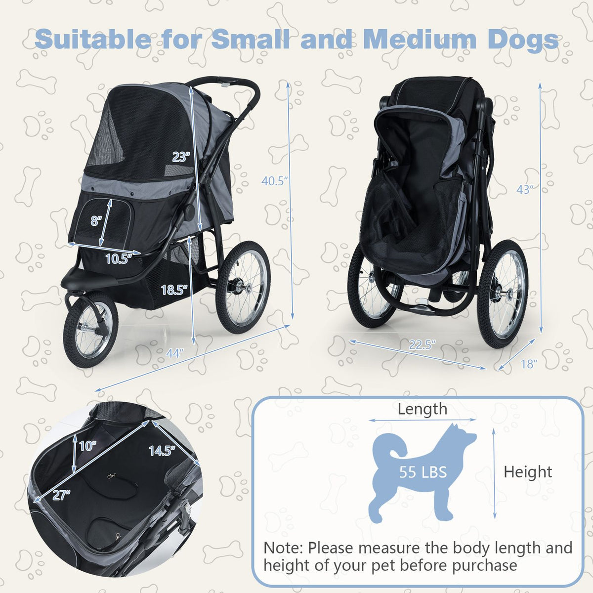 Views of the stroller, including its folded form and interior, are arranged with measurement guides.