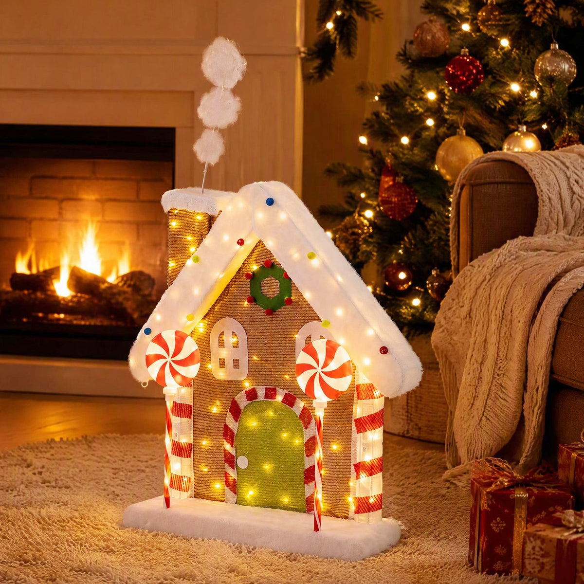 Illuminated gingerbread house display on a rug beside a fireplace and decorated Christmas tree.