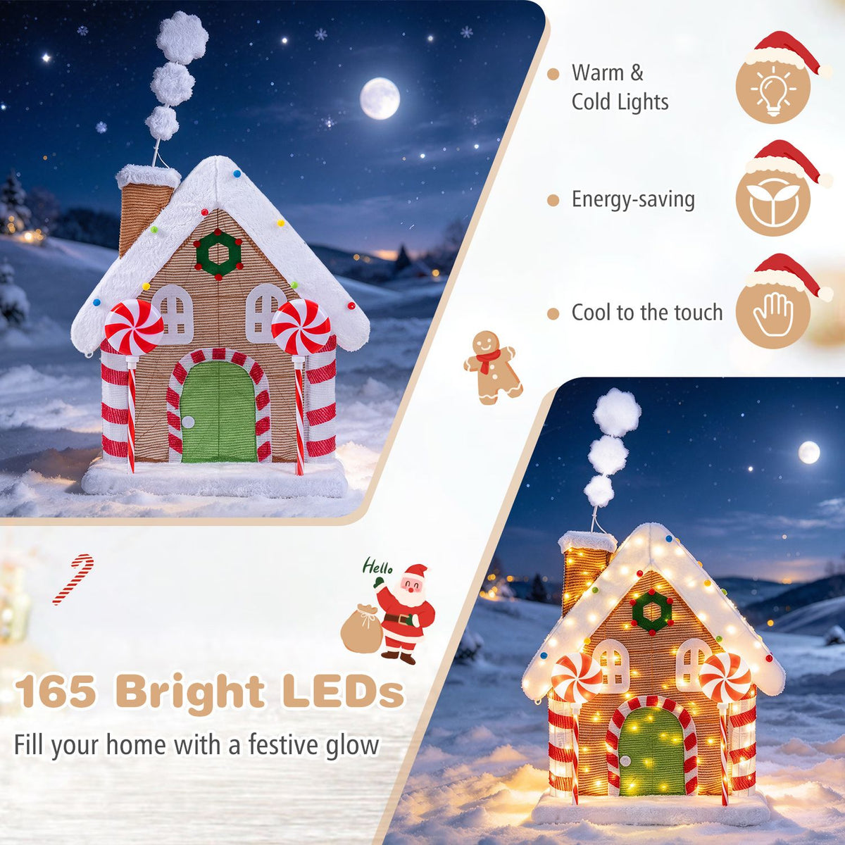 Gingerbread house shown in snowy outdoor scenes beside illustrated lighting and energy-saving features.