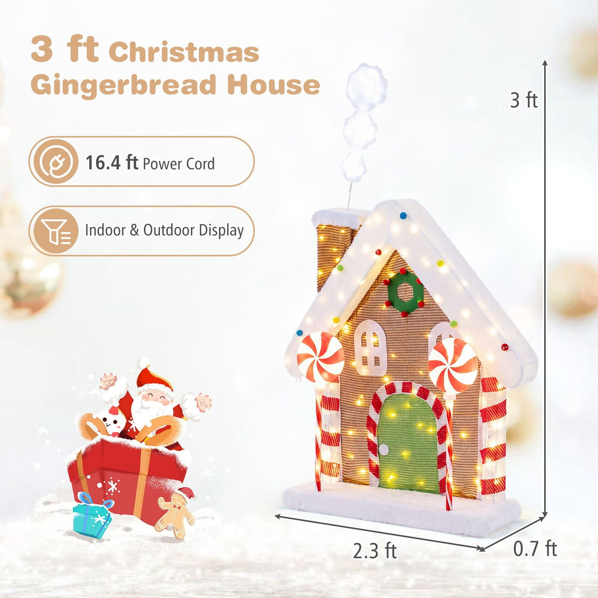 Gingerbread house shown with height, width, and depth arrows beside it.