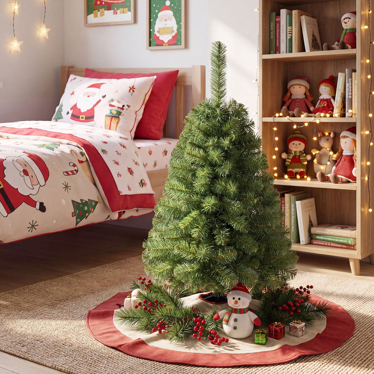 Small green Christmas tree beside a bed, decorated with red berries and a snowman at its base.
