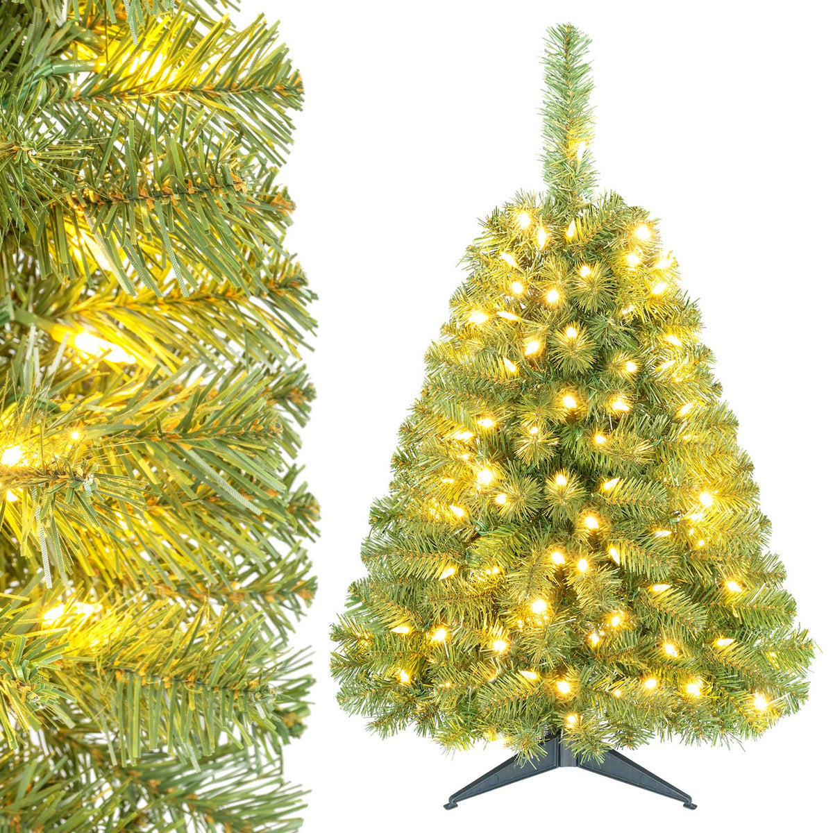 Green artificial tree glowing with warm lights, shown beside a close-up of its needle-covered branches.