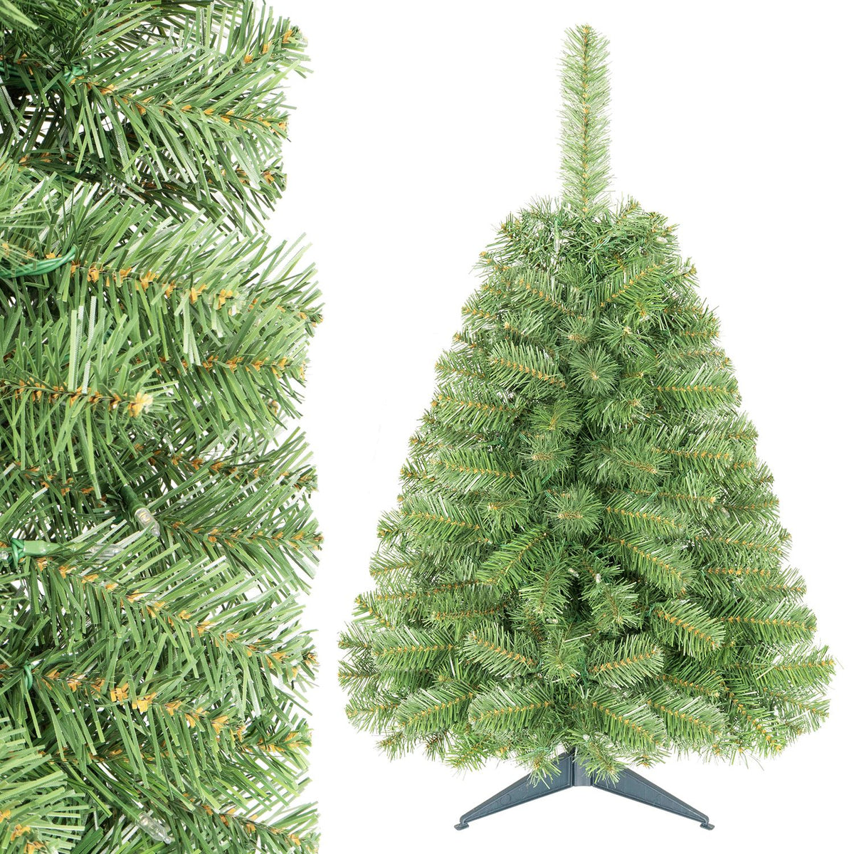 Unlit green artificial tree with a close-up view of its layered branches and needles.