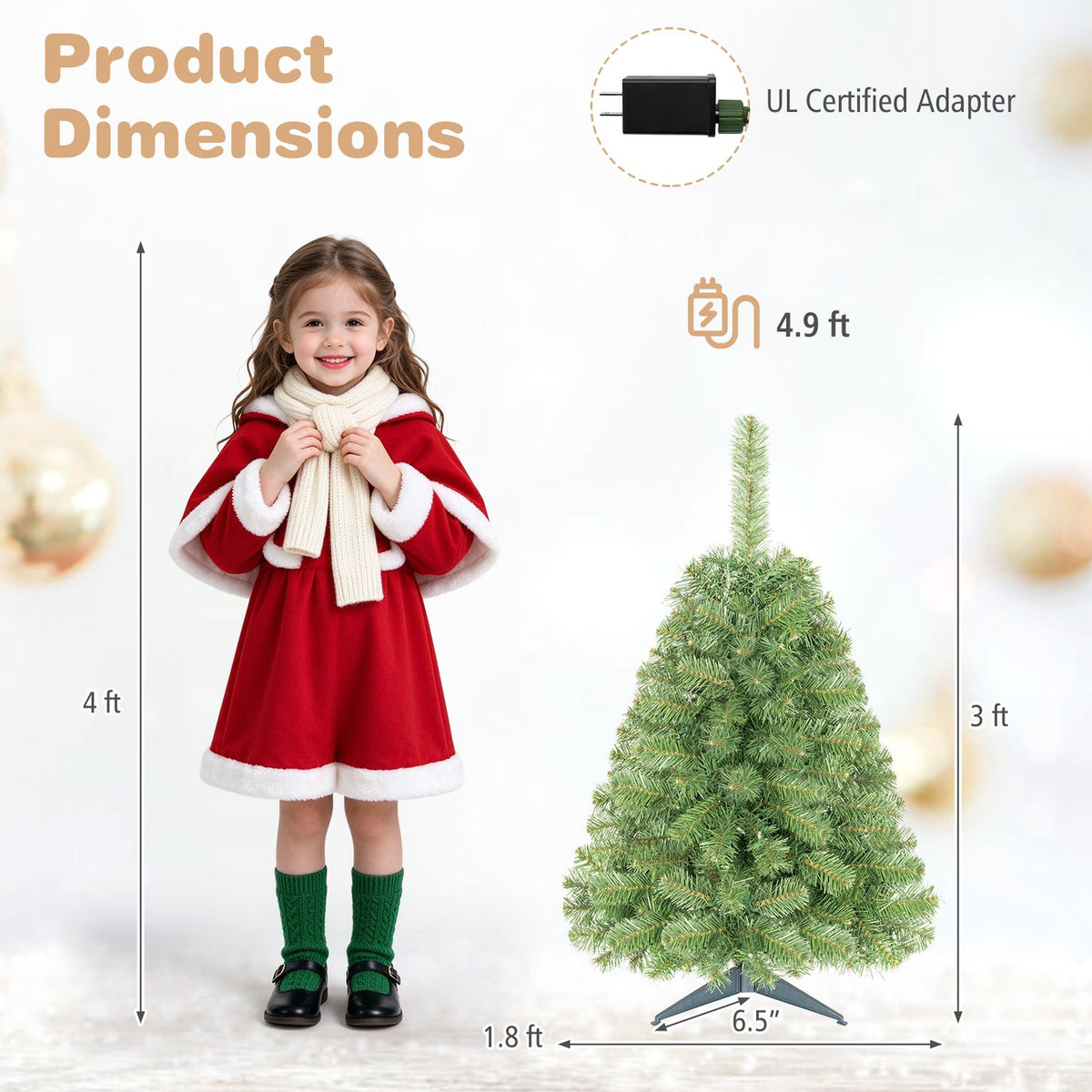 Artificial tree shown beside a child, with arrows indicating its height and base width.