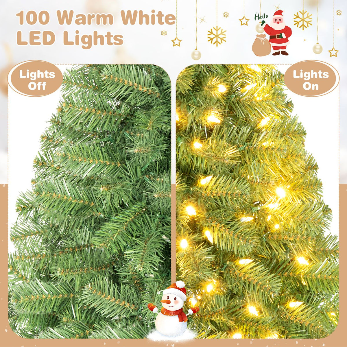 Two side-by-side tree close-ups show unlit green branches on the left and glowing lights on the right.