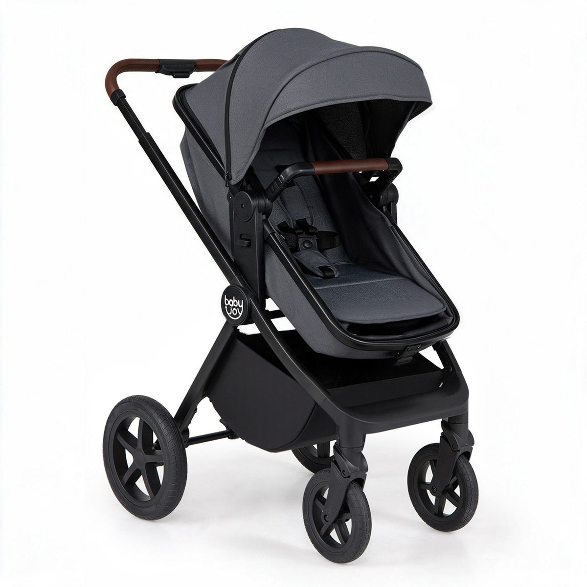 A dark stroller with a curved canopy, reclining seat, front bar, and open storage basket.