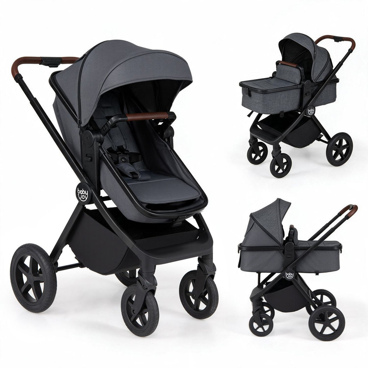 Three views show the dark stroller with a seated seat and bassinet configurations.