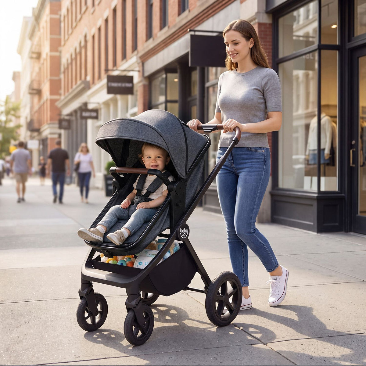 A woman pushes a dark stroller with a seated child along a sunny city sidewalk.