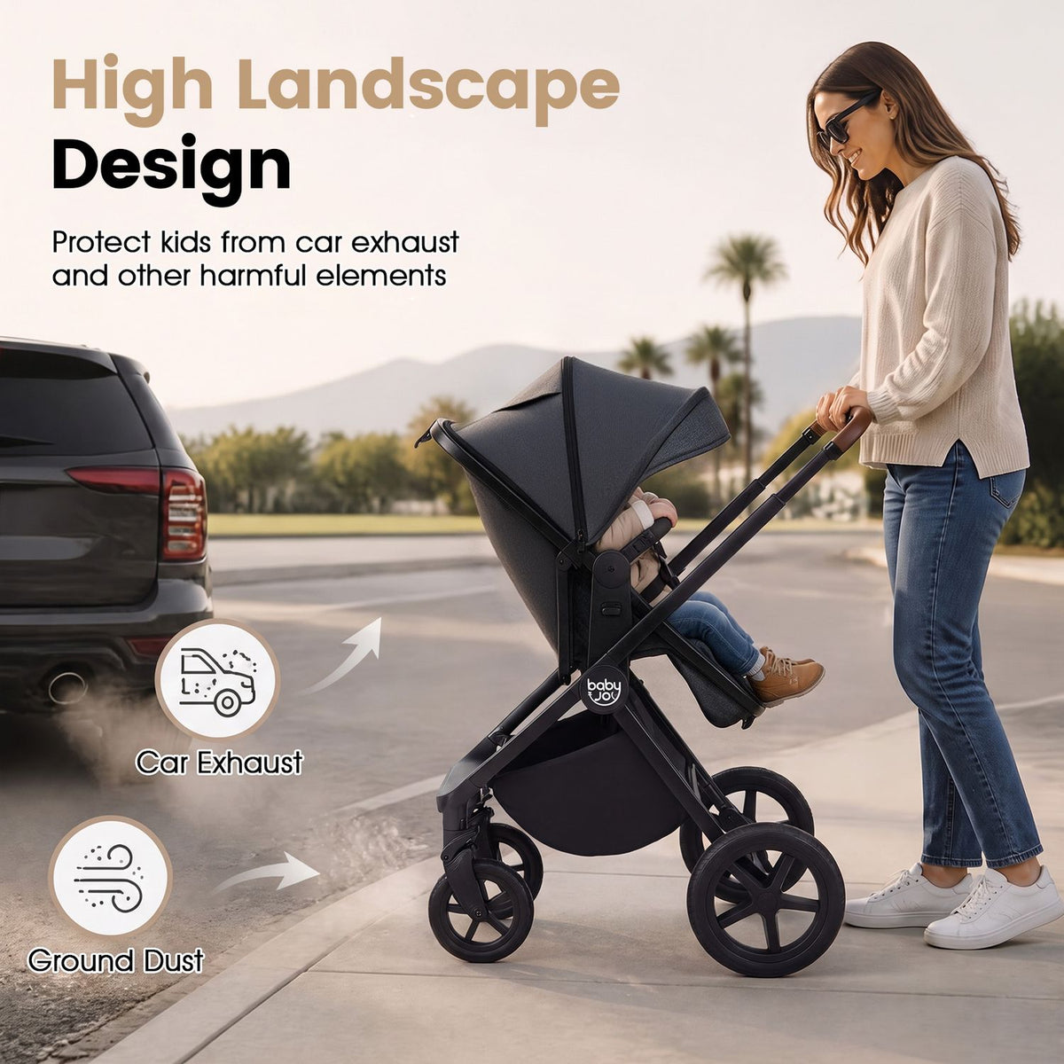 A woman pushes a gray stroller with a seated child beside a car on a roadside.
