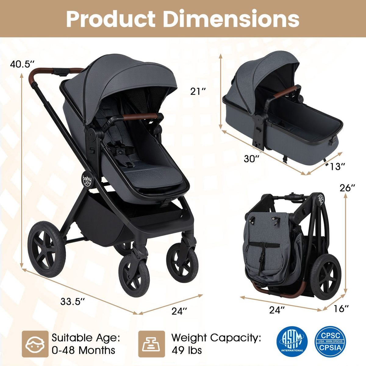 Gray stroller shown in upright, bassinet, and folded configurations with measurement arrows.