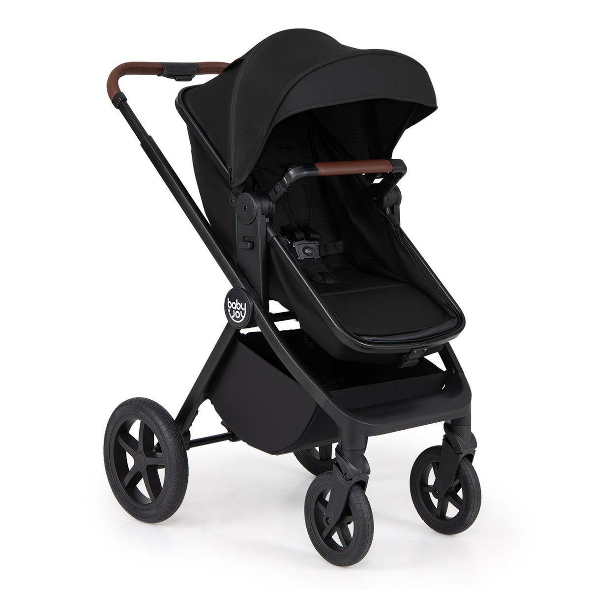 A black stroller with a raised canopy and empty seat, photographed against a white background.