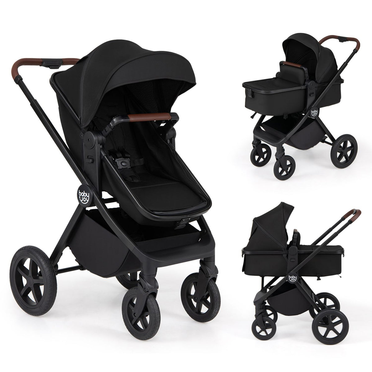 A black stroller shown in a seated setup and two bassinet configurations against a white background.