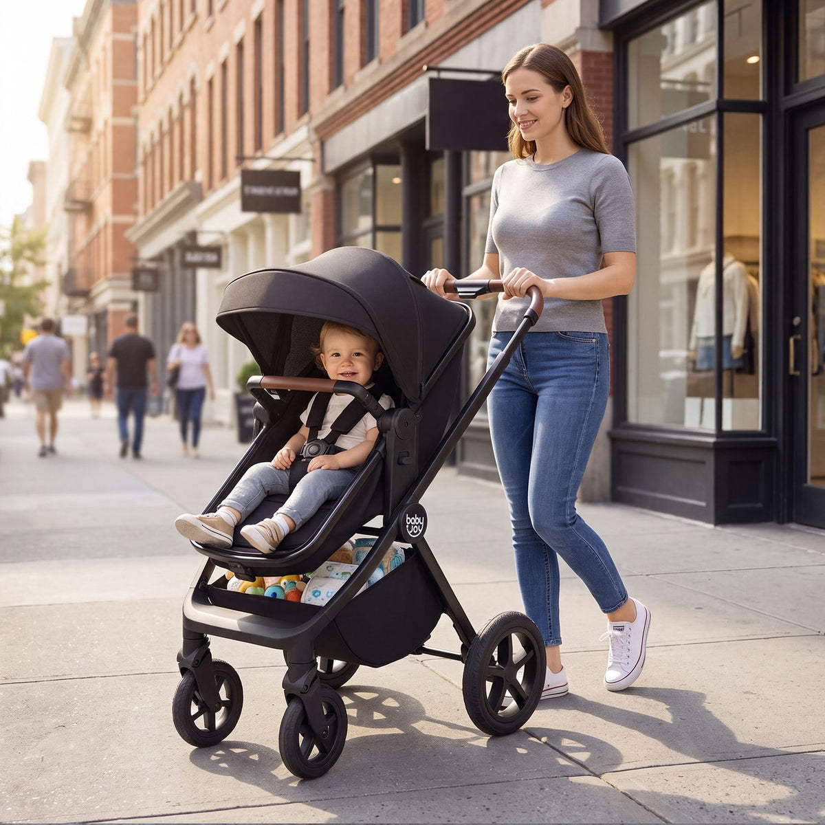 A woman pushes a black stroller with a seated child along a sunny city sidewalk.