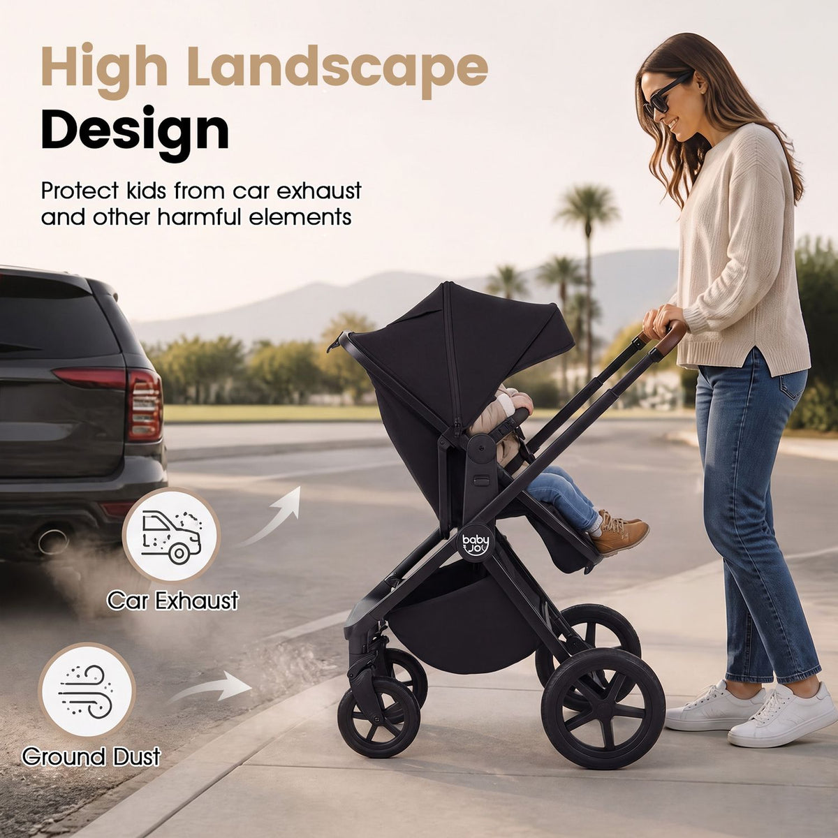 A woman pushes a black stroller with a child seated beneath its raised canopy beside a parked vehicle.