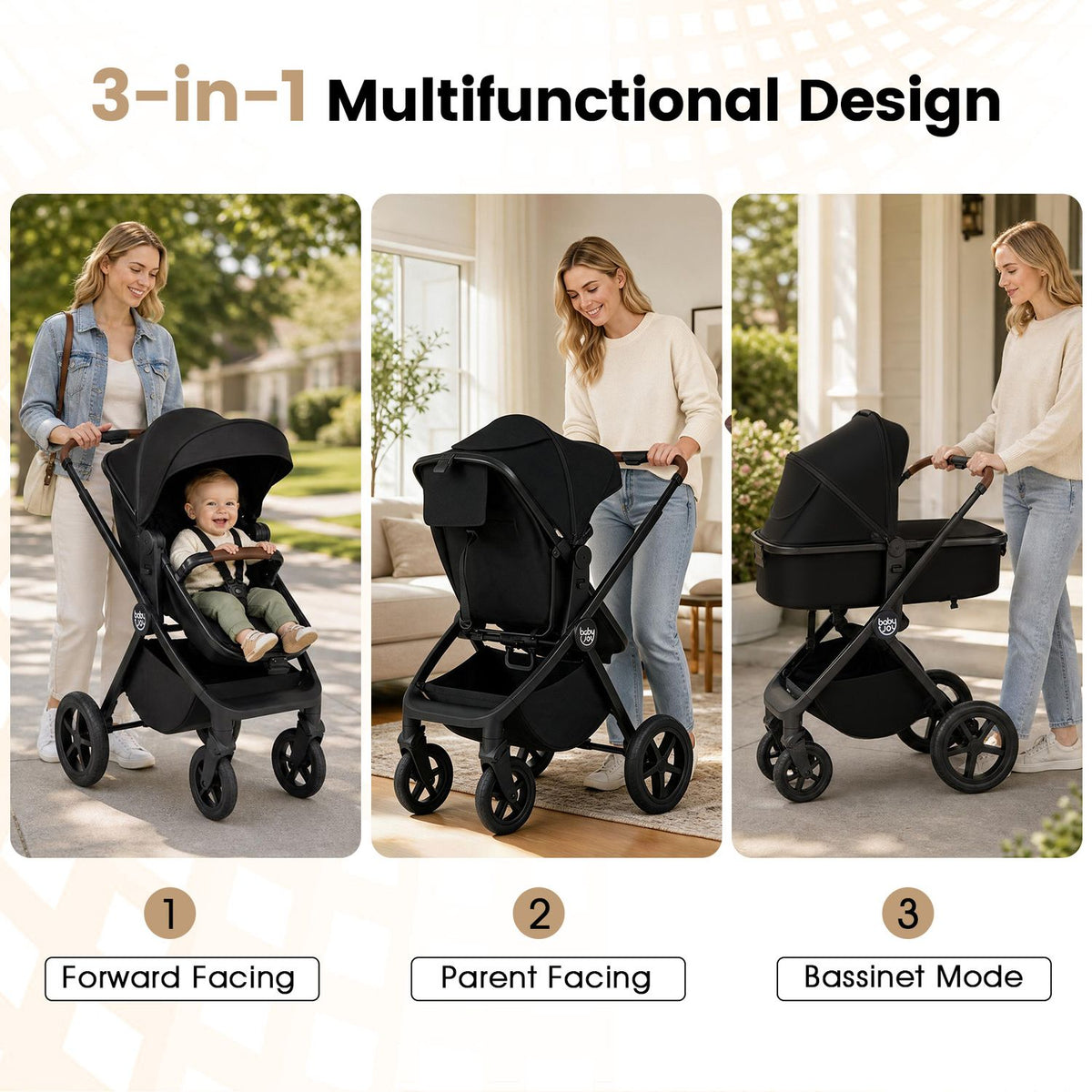 Three scenes show the stroller with a forward-facing seat, a parent-facing seat, and a bassinet attachment.
