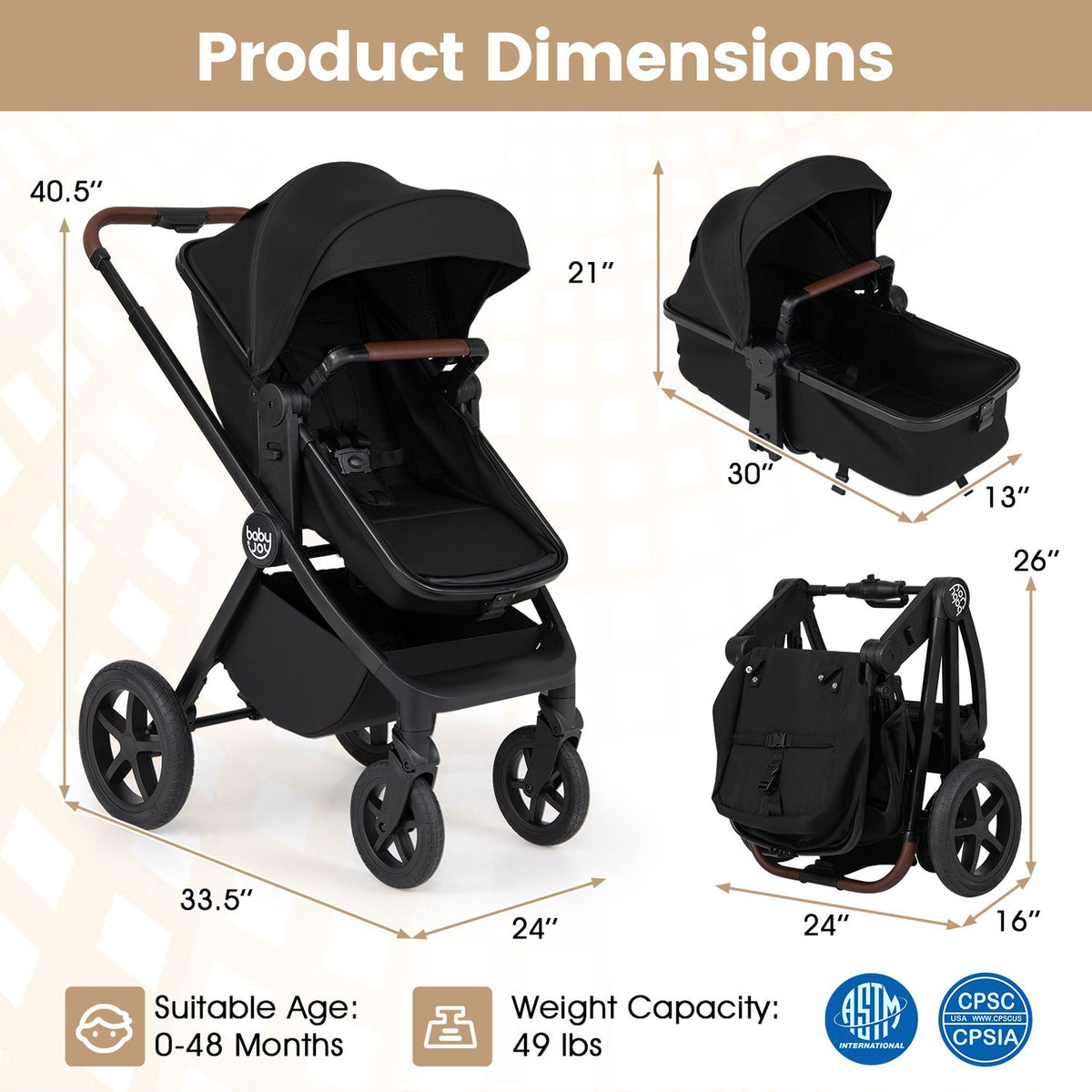 Black stroller shown open, with separate bassinet and folded views alongside measurement arrows.