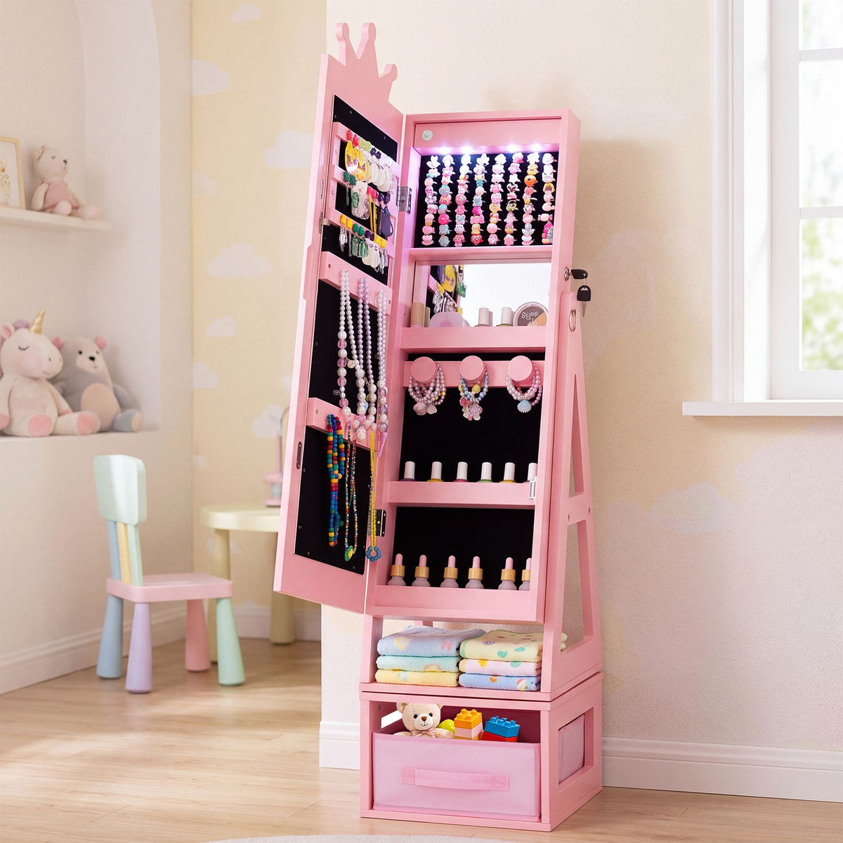 Open pink jewelry cabinet showing hanging jewelry, shelves, a lighted upper compartment, and storage drawers.