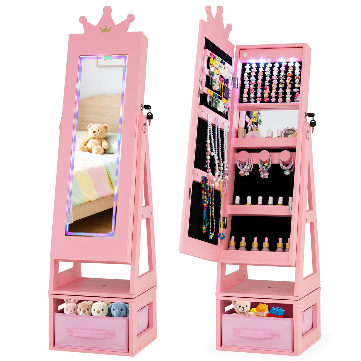 Two views of the pink cabinet show its full-length mirror closed and jewelry storage revealed with the door open.