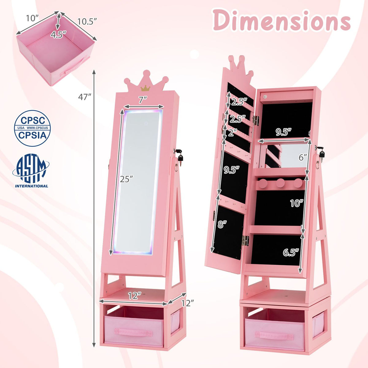 Illustrated front and open views of the cabinet with measurement arrows and a separate drawer shown above.