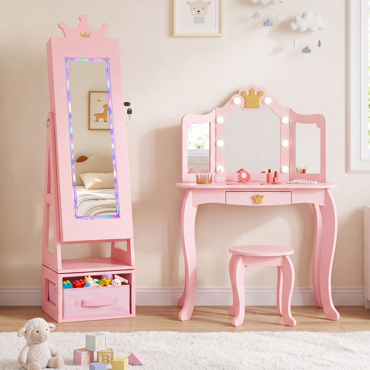 Pink mirror cabinet and matching vanity with stool arranged in a child’s room.