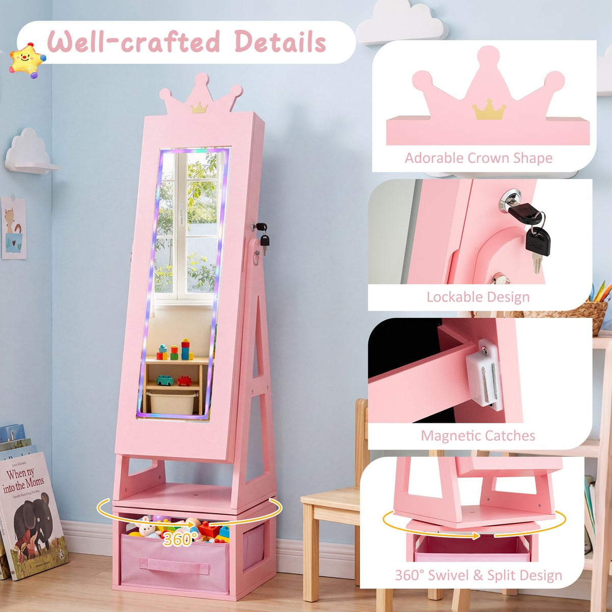 Pink cabinet shown upright alongside close-ups of its crown top, lock, catches and swivel base.