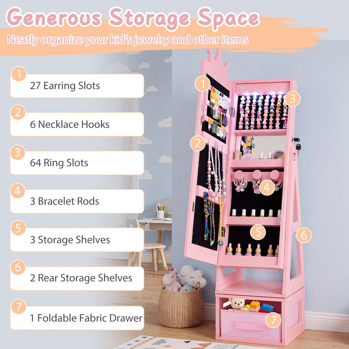 Open pink cabinet displaying jewelry organizers, shelves and a fabric drawer.