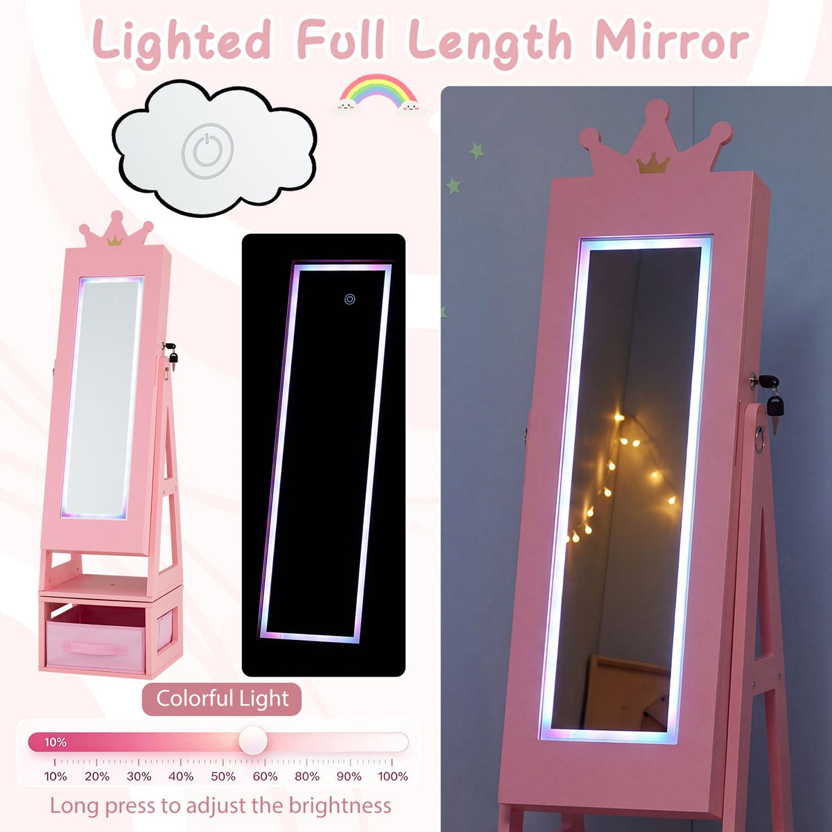 Pink full-length mirror cabinet shown with its illuminated frame in bright and dim settings.