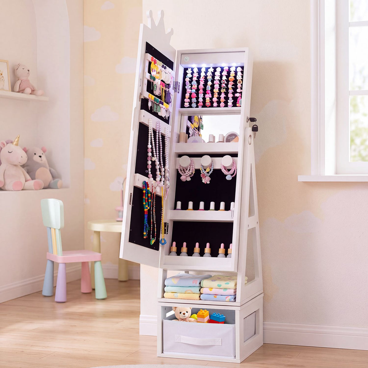 Open white jewelry cabinet showing earring, necklace, and bracelet storage, shelves, and a lower drawer.