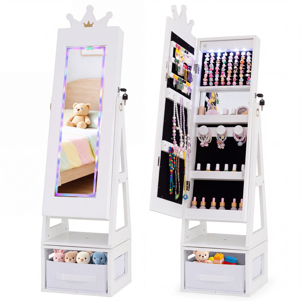 Two views of the white cabinet: one closed with its lighted mirror and one open to reveal jewelry storage.