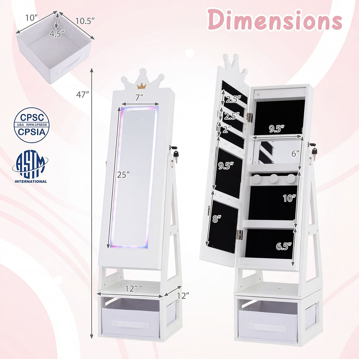 Dimension diagram showing the cabinet closed and open, with measurement arrows and a small drawer illustration.