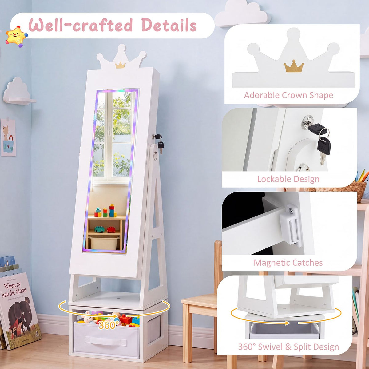 White freestanding mirror cabinet shown from an angle, with close-up insets of its crown top, lock, hinges, and base.