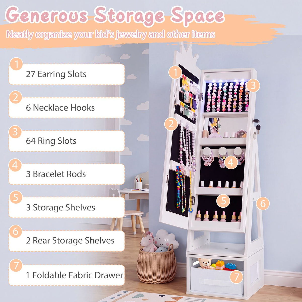 Open white jewelry cabinet displaying rows of jewelry hooks and slots, shelves, and a lower fabric drawer.