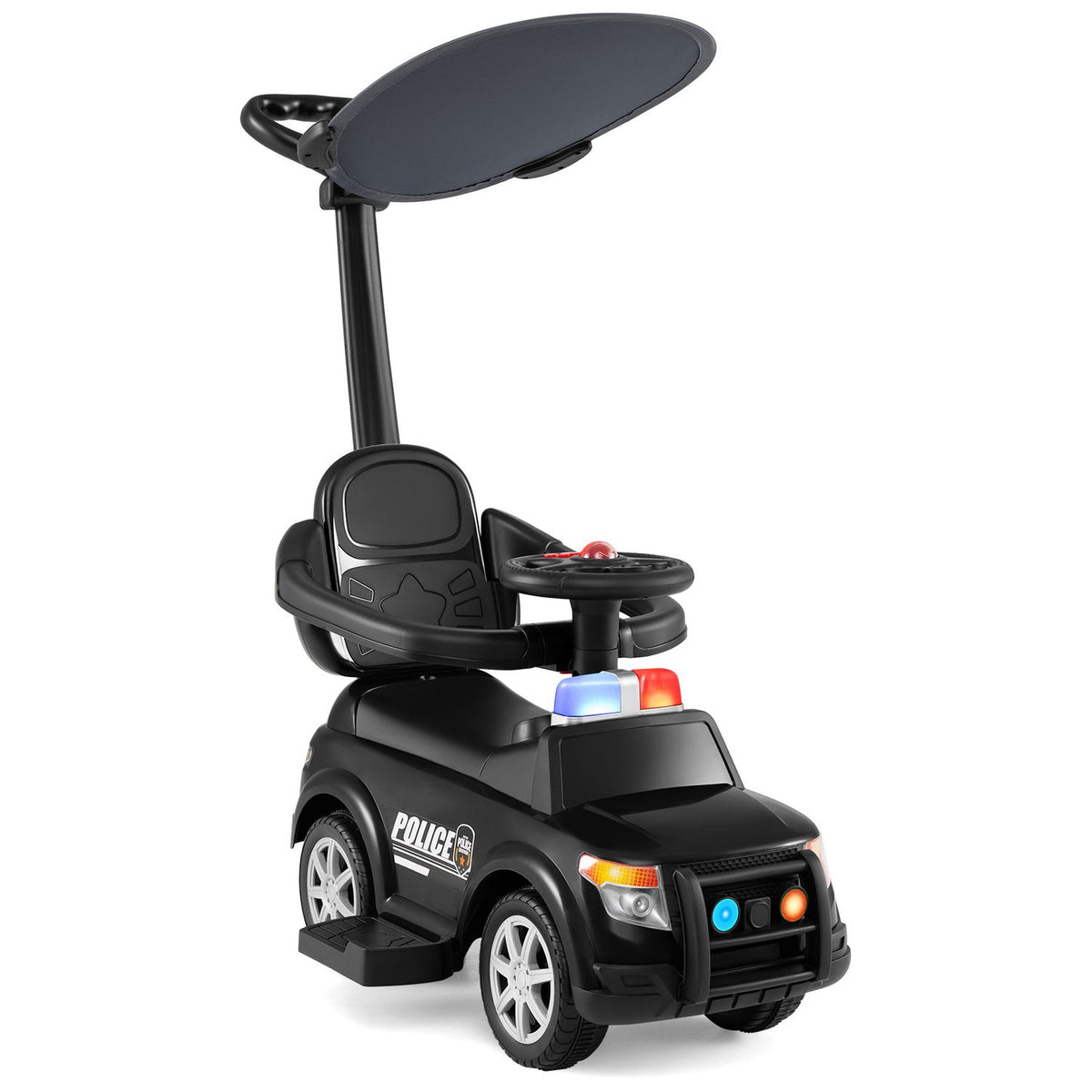 Black police ride-on car shown at an angle with its seat, steering wheel, canopy, and rear push handle.