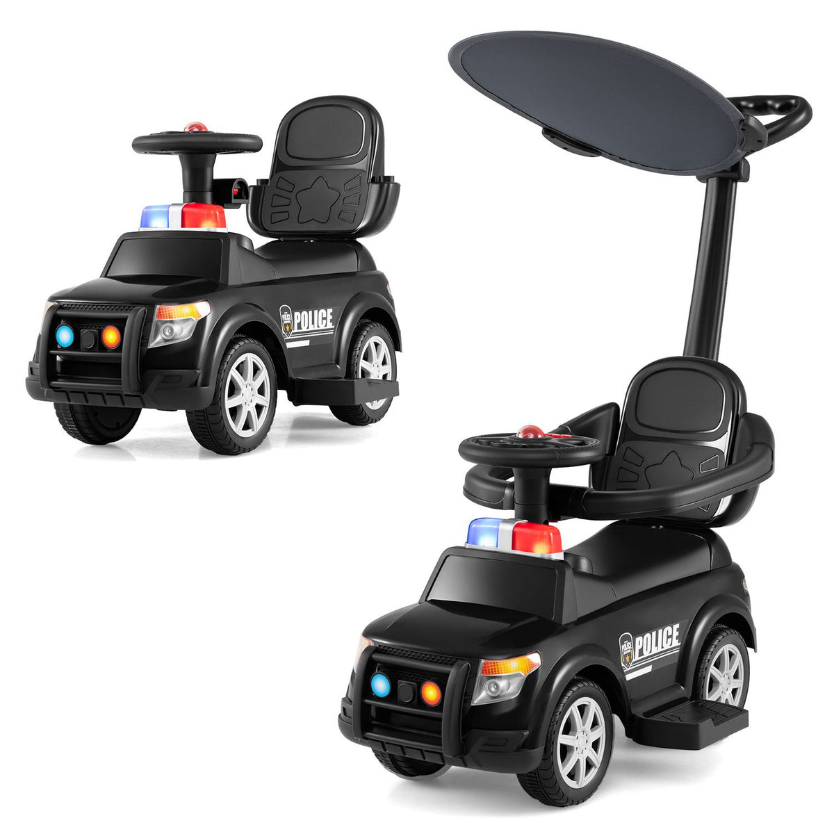 Two views show the black police ride-on car with its canopy and push handle in different positions.