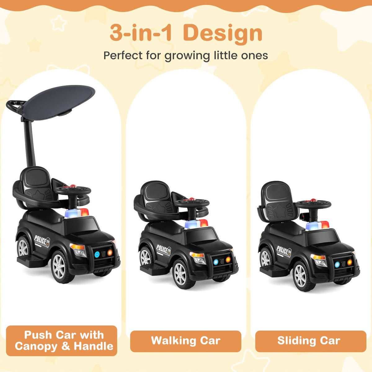 Three black ride-on police cars shown with a canopy and handle, as a walking car, and as a sliding car.