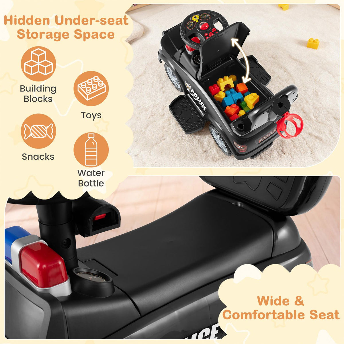 The seat compartment is open with colorful blocks inside, above a close-up of the black seat and surrounding controls.