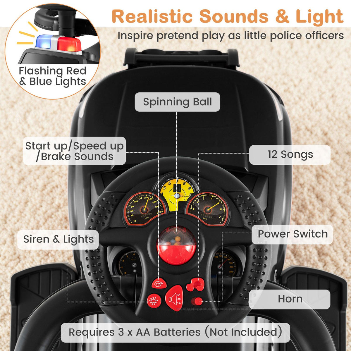 Top-down close-up of the car’s steering wheel and dashboard, with a red spinning ball and illuminated lights.