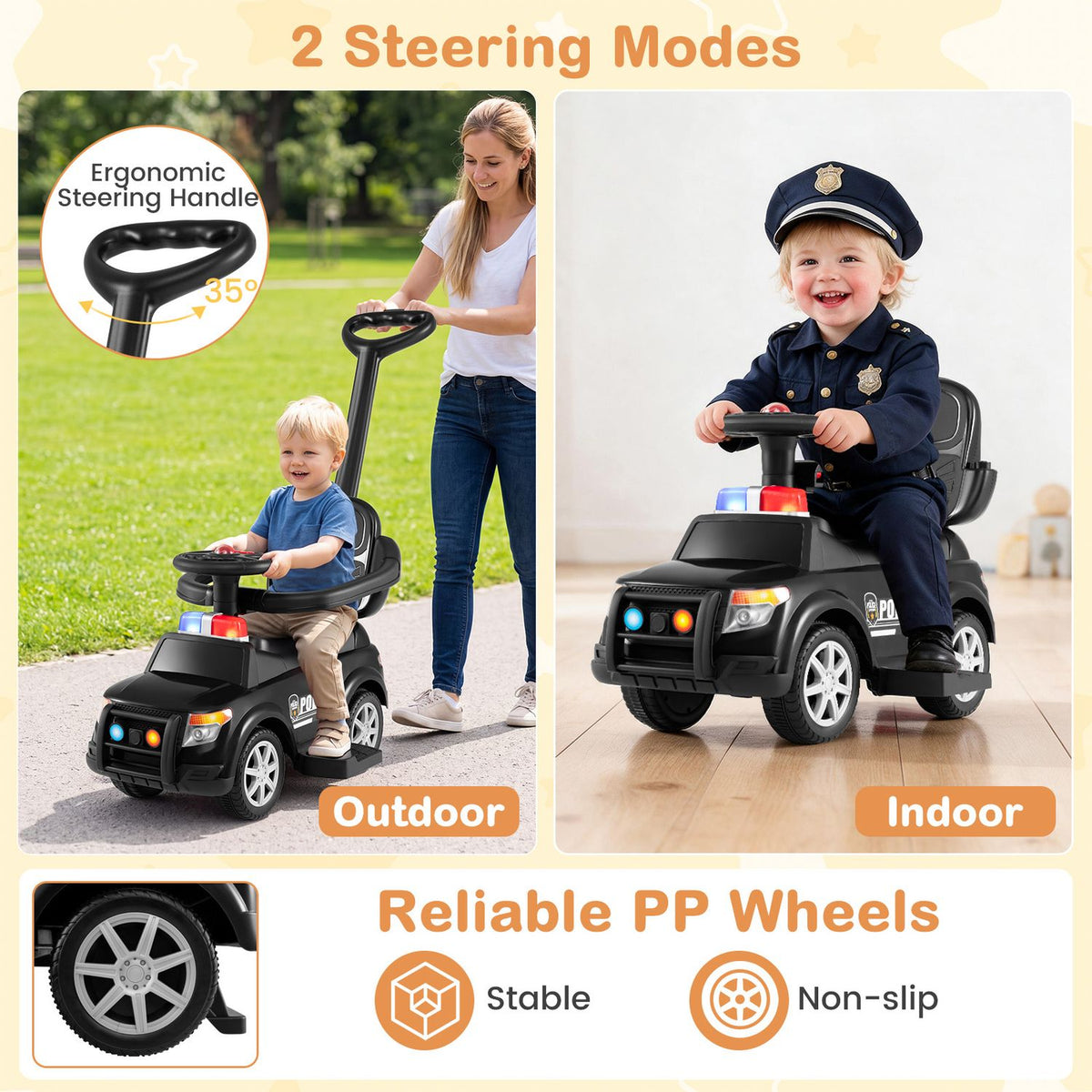 A child rides the car outdoors with an adult holding its handle; another child rides indoors, with a wheel inset.
