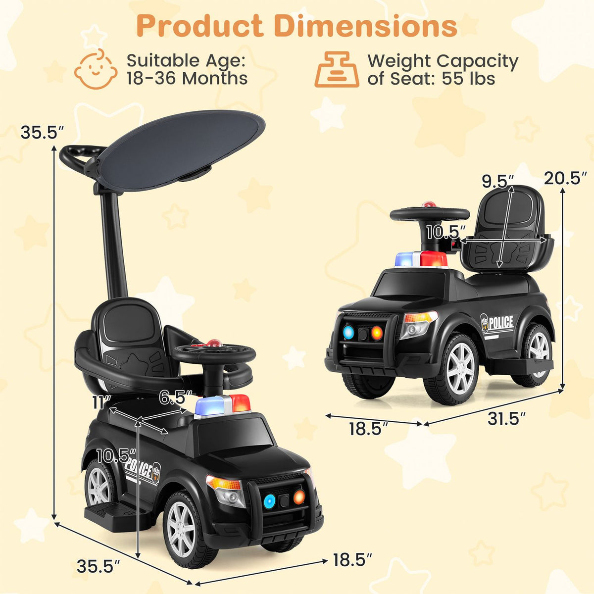 Two views of the black police ride-on car are surrounded by measurement arrows and callouts.