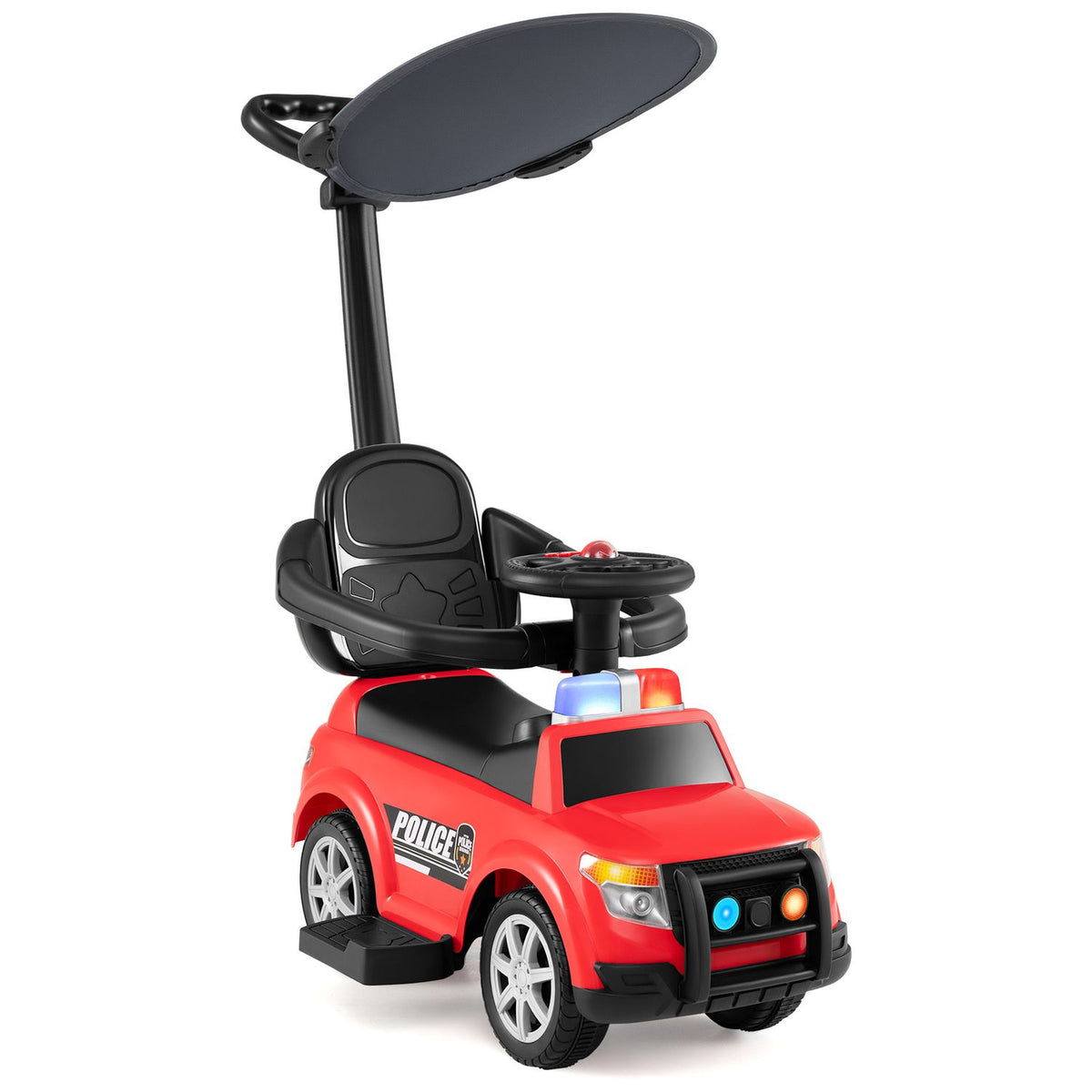 Red police ride-on car with a black seat, steering wheel, push handle, and oval canopy on a white background.