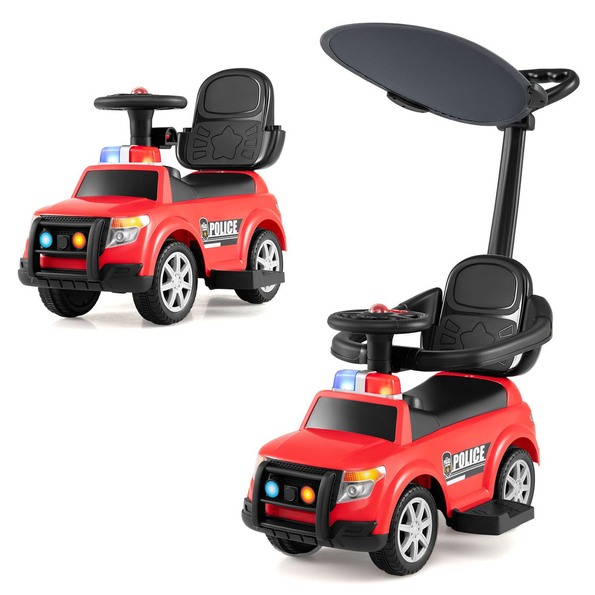 Two views show the red police car with its seat, steering wheel, canopy, and rear push handle.