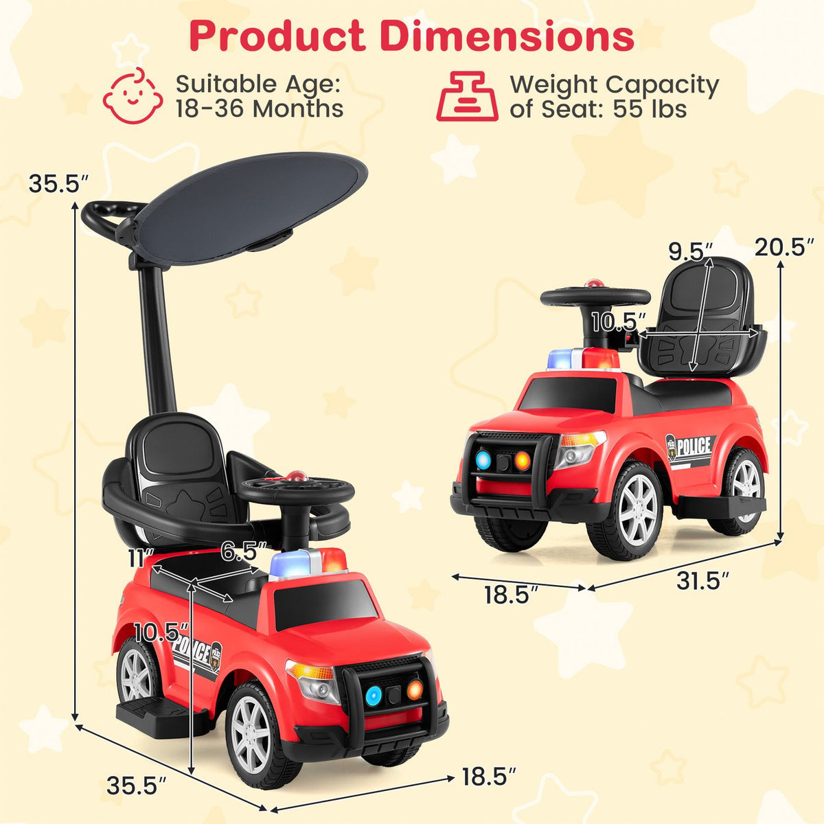 Illustrated views of the red ride-on car with measurement arrows on a pale patterned background.