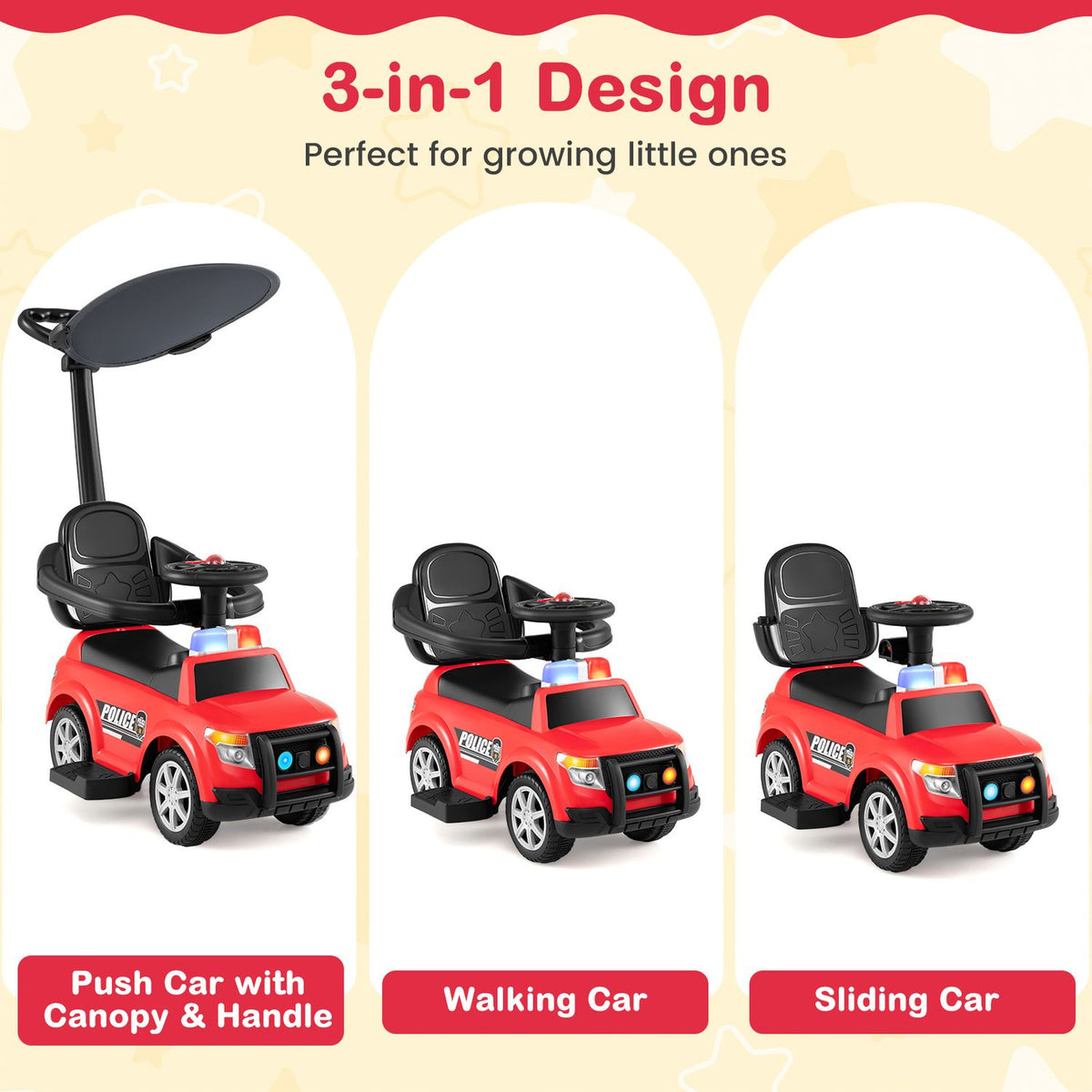 Three red ride-on cars shown with a canopy and push handle, then without the canopy in two ride-on setups.