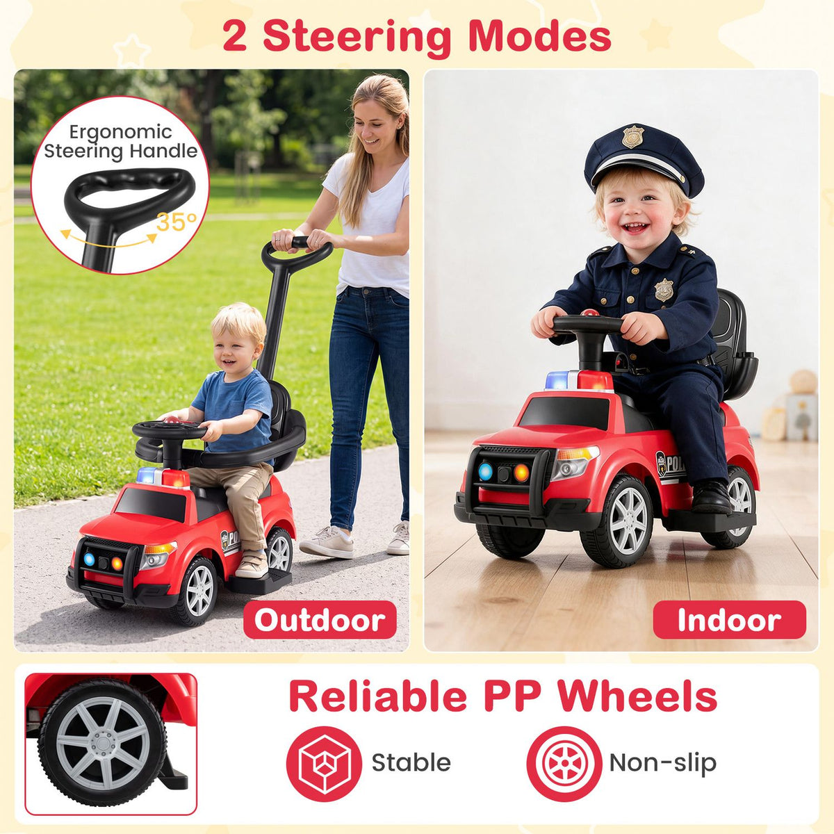 A toddler rides the red car outdoors as an adult guides it; another child rides indoors, with a wheel close-up below.