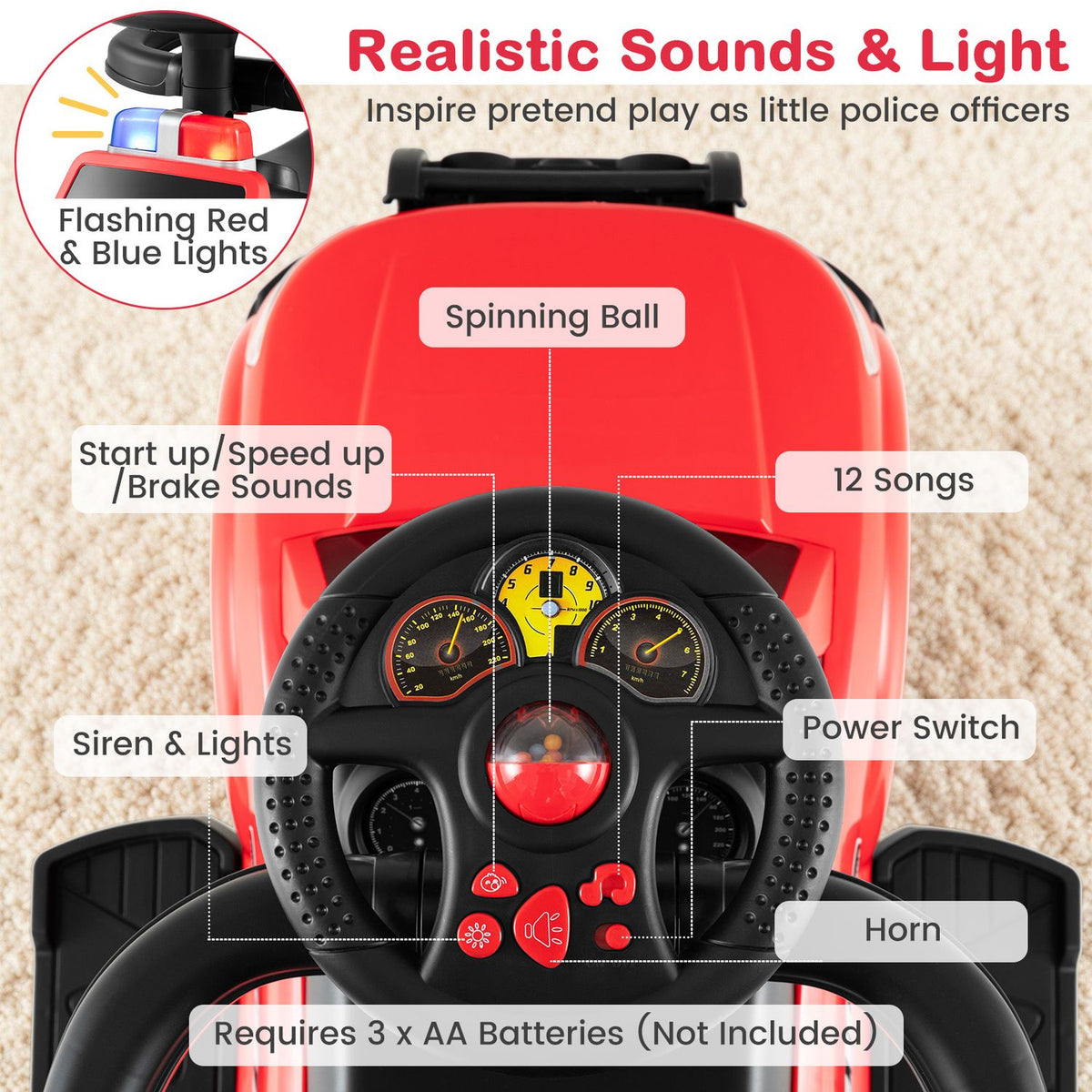 Overhead close-up of the car’s steering wheel, dashboard buttons, and red body, with a small inset of its flashing lights.