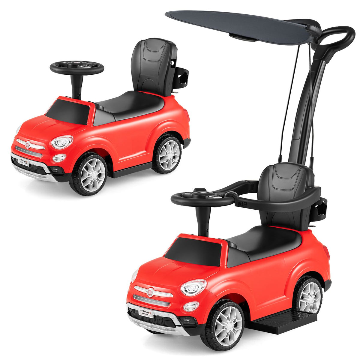 Two red ride-on cars are shown, one with a raised push handle and canopy and one without.