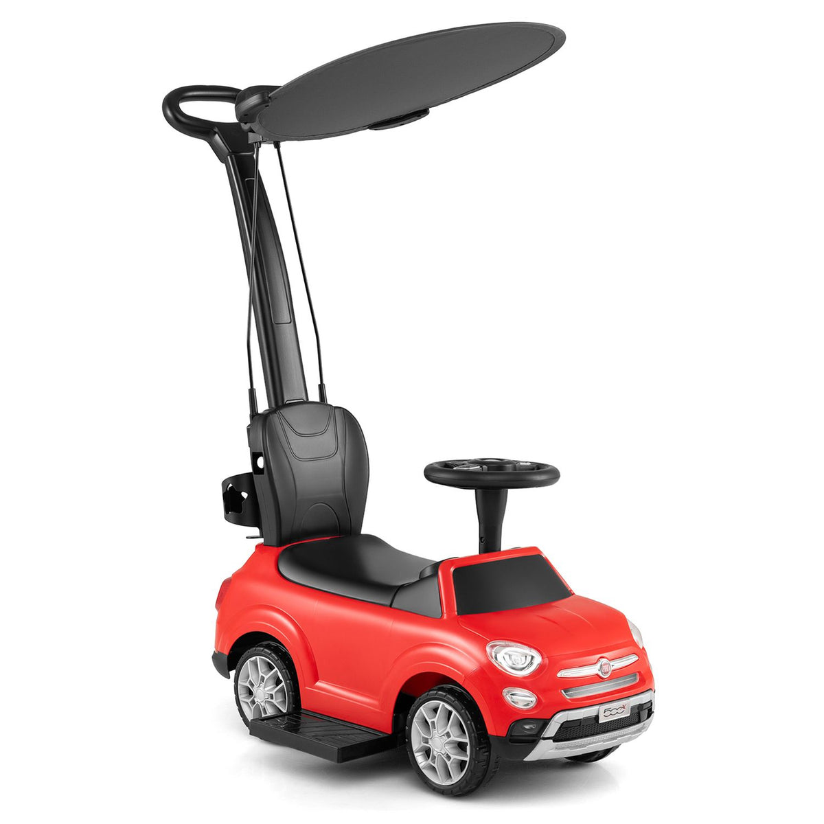 A red ride-on car with a black seat, tall push handle, and broad canopy against a white background.