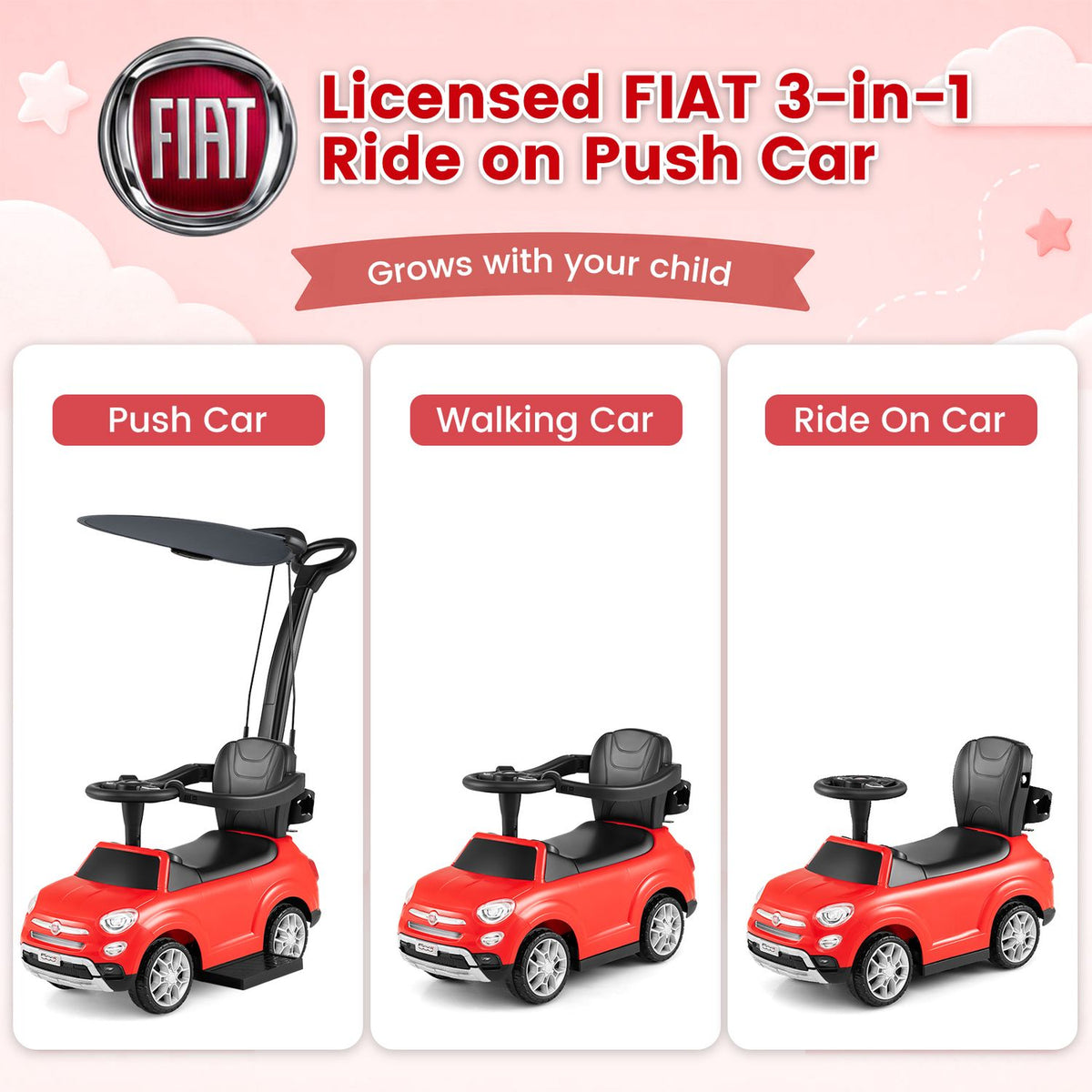 Three red ride-on cars are shown with different combinations of parent handle, canopy and footrests.