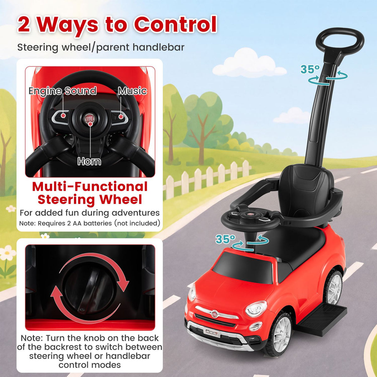 A red ride-on car with a tall parent handle is shown beside close-ups of its steering wheel and rear control knob.