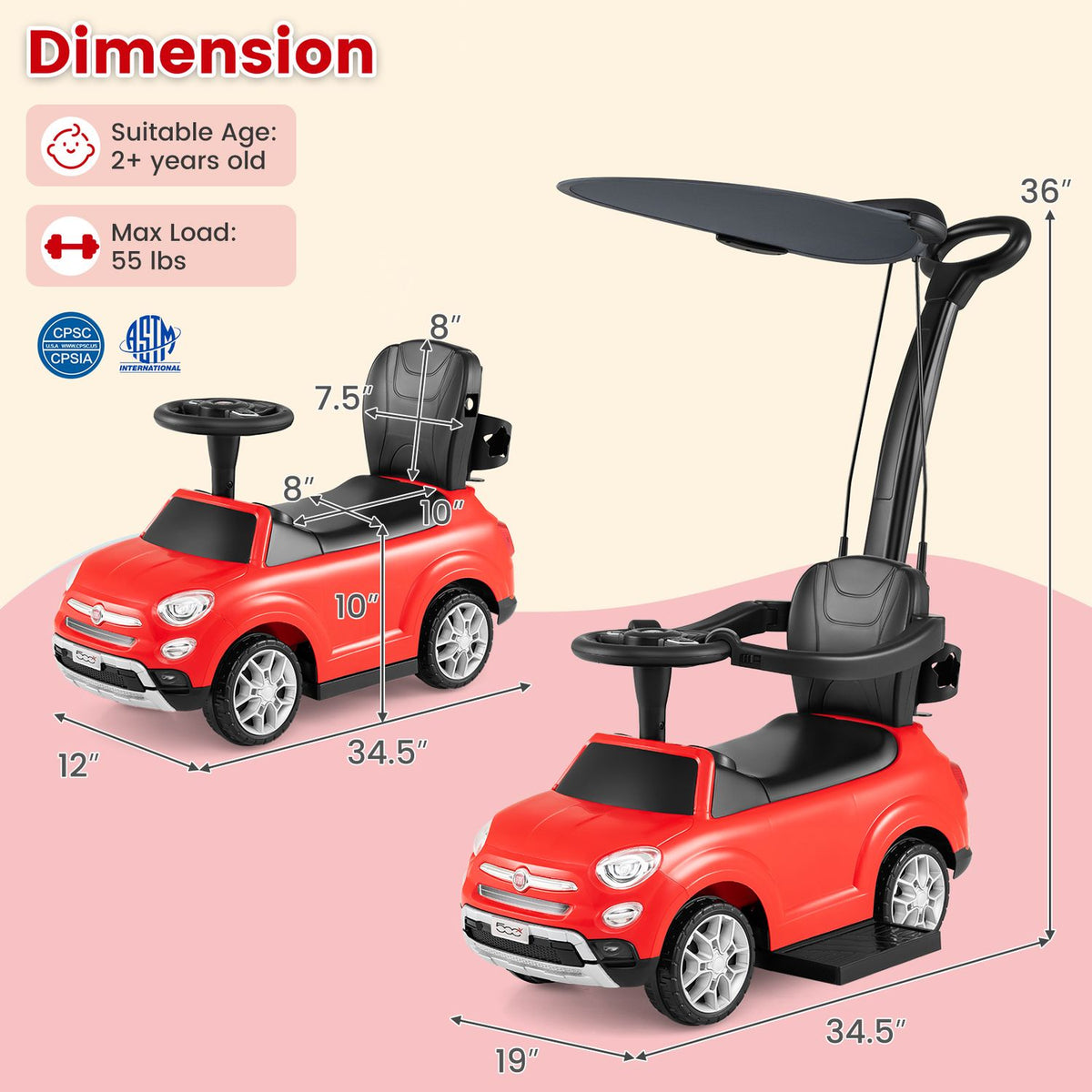 Two views of the red ride-on car with measurement arrows and a small panel showing age and load information.